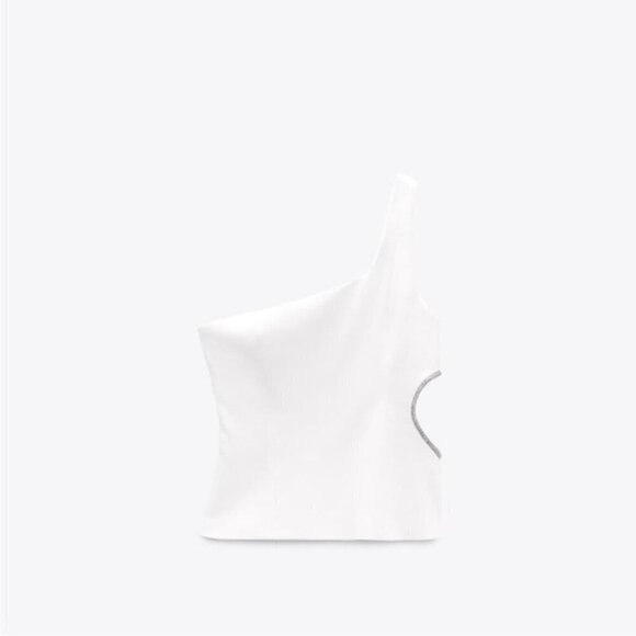 Zara - Ladies One Shoulder Asymmetric Rhinestone Top-White. Size: M. NWT. (1431) - Picture 13 of 14